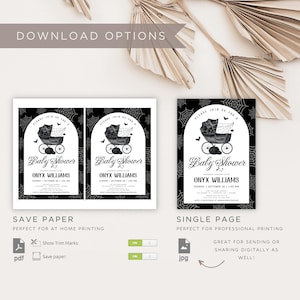 May include: Black and white baby shower invitation with a spooky theme. The invitation features a baby carriage, spiderwebs, and the text "Baby Shower" and "Onyx Williams". The image also shows download options for PDF and JPG formats.