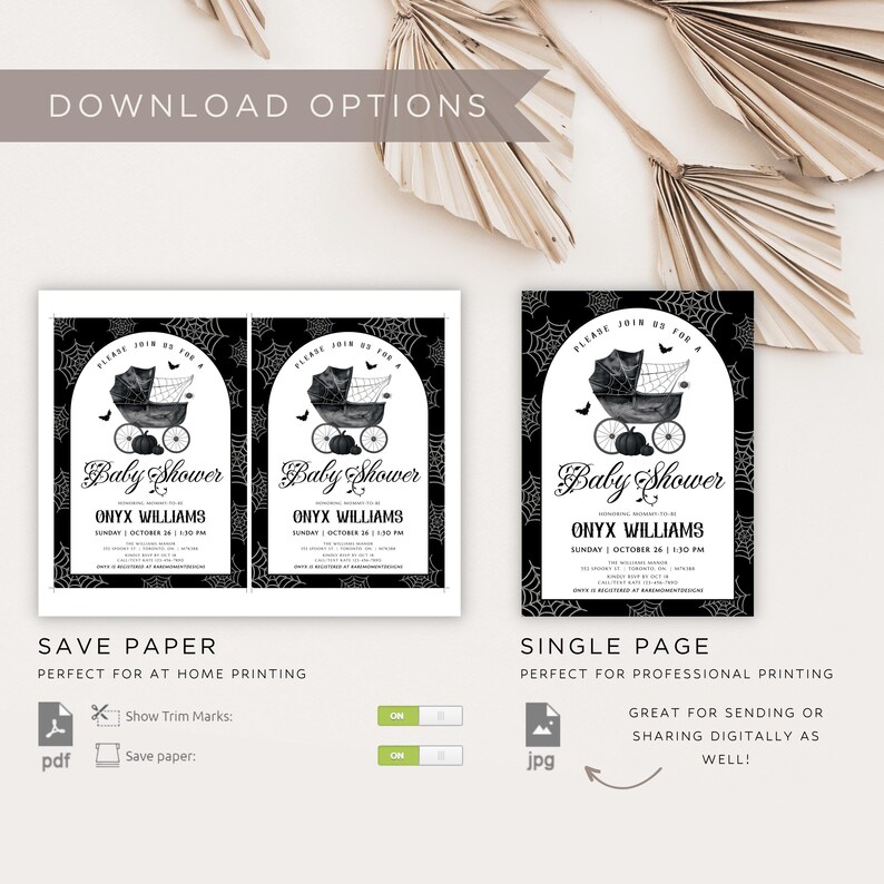 May include: Black and white baby shower invitation with a spooky theme. The invitation features a baby carriage, spiderwebs, and the text "Baby Shower" and "Onyx Williams". The image also shows download options for PDF and JPG formats.