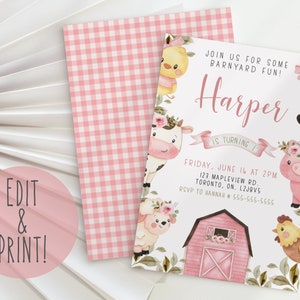 Farm 1st Birthday Invitation Template, Farm Animal Invitation, Girl Farm Birthday Party, Barnyard Invitation, Printable Kids Birthday Invite