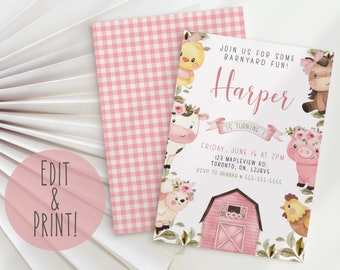 May include: A pink and white gingham background with a white invitation card featuring a watercolor illustration of farm animals, a pink barn, and the text "Join us for some barnyard fun! Harper is turning 1. Friday, June 16 at 2PM. 123 Mapleview Rd. Toronto, ON. L2JBV5. RSVP to Hannah # 555-555-5555"