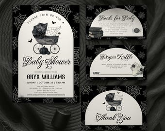 Spookachtige babyshoweruitnodiging, Halloween-babyshower, gotische babyshoweruitnodiging, bewerkbare babyshoweruitnodigingbundel, griezelige douche-uitnodiging
