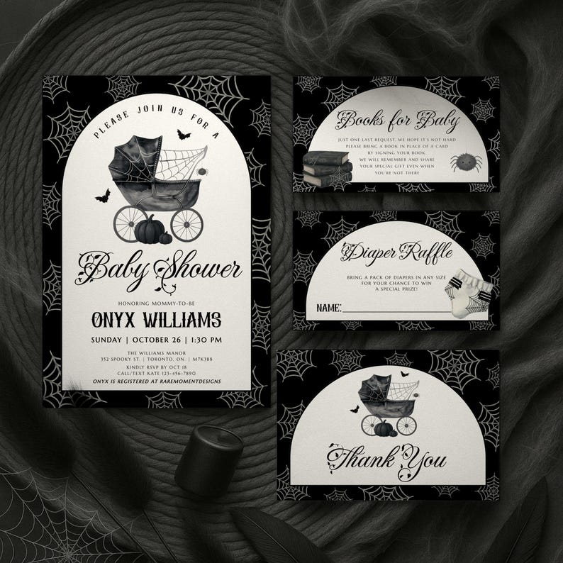 May include: A set of black and white baby shower invitations with a spooky theme. The main invitation features a baby carriage, bats, and a pumpkin. Additional cards include "Books for Baby," "Diaper Raffle," and "Thank You."