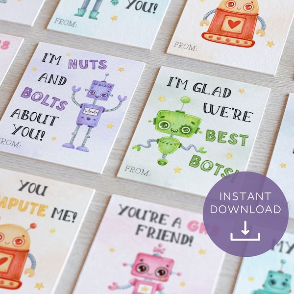 Robot Valentine's Day Cards, Kids Classroom Valentines, Printable Robot Valentine Gift Tags, Kids Valentines for School Instant Download Set