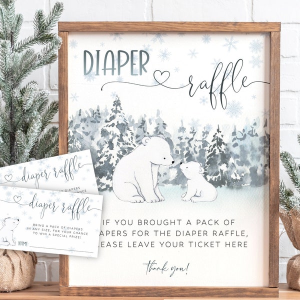 Polar Bear Diaper Raffle Sign, Winter Baby Shower Diaper Raffle Tickets, Printable Winter Diaper Raffle Card & Sign, Arctic Baby Shower Game