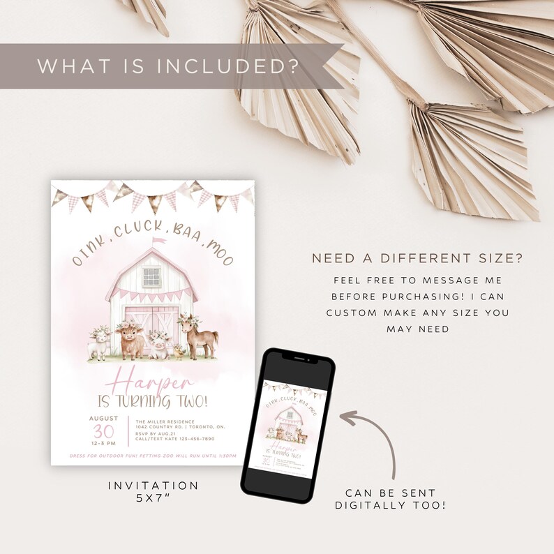 Floral Farm Birthday Invitation, Pink Farm Animal Birthday Invitation Template, Boho Farm Birthday Invite, Girl 2nd Birthday Digital Evite image 4