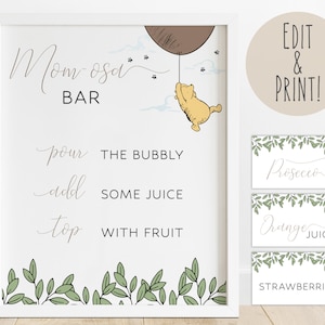 Classico Winnie The Pooh Mom-osa Bar Sign e modello di etichette, Baby Shower Mimosa Bar Sign, Carte per etichette Mimosa Bar, Mimosa Sign stampabile fai da te