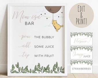 Classic Winnie The Pooh Mom-osa Bar Sign and Labels Template, Baby Shower Mimosa Bar Sign, Mimosa Bar Label Cards, Printable Mimosa Sign DIY