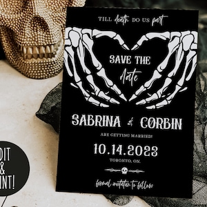Convite para casamento de Halloween, modelo de convite gótico para salvar a data, cartão assustador editável para salvar a data, convite até que a morte nos separe