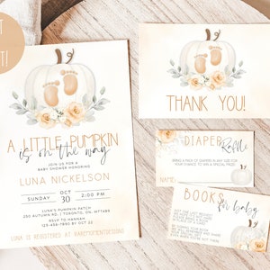 Invitación "Una pequeña calabaza está en camino", set de invitaciones imprimibles para baby shower con calabaza, paquete de invitaciones para baby shower de otoño, plantilla editable de Evite