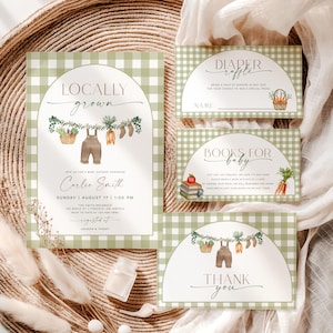 Invitación para baby shower de productos locales, paquete de invitaciones para baby shower de mercado de agricultores, invitación de productos locales, invitación imprimible de productos locales (Canva)