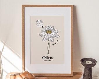 July Flower Print, Custom Name Art, Digital Download, Personalised Gift, Birth Flower Print, Water Lily Print, Birth Flower Name