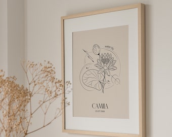 July Birth Flower, Water Lily Print, Custom Gift for Her, Printable Wall Art, Light Aesthetic Art, Neutral Beige Print, Birth Month Flower