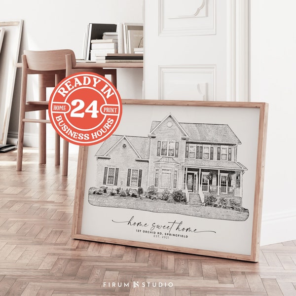 Portrait de maison personnalisé à partir d'une photo, croquis noir et blanc, croquis de maison personnalisée, dessin de maison personnalisé, cadeau de pendaison de crémaillère, cadeau personnalisé pour première maison