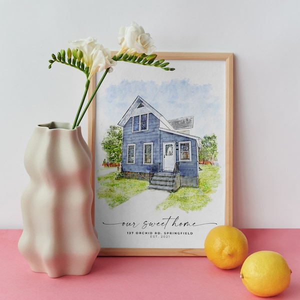 Childhood Home Gift, Custom House Portrait, Family Gift Idea, Digital Download, Gift for Parents, Portrait from Photo, Sketch Portrait