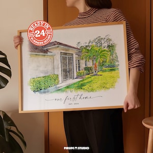 Nieuw huis en housewarmingcadeau, portret aangepast huis, eerste huiscadeau, schets huisportret, huistekening van foto, cadeau nieuwe huiseigenaar