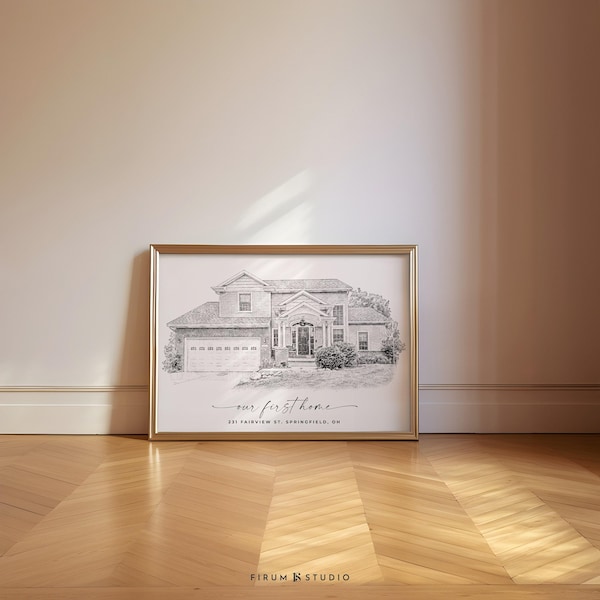 Esboço personalizado da sua casa a partir de uma foto - Retrato em preto e branco da sua residência, presente de boas-vindas