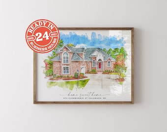24 Hour House Portrait Gift – Custom Watercolor Home Sketch, Last Minute Housewarming Present