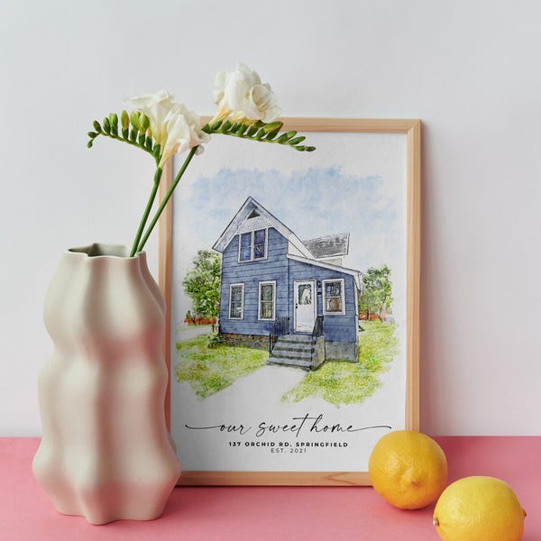 Portret jeugd thuis – aangepaste aquarel huisillustratie van foto, betekenisvol familiecadeau
