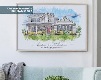 Ilustración personalizada de una casa: retrato de una vivienda en acuarela a partir de una fotografía, regalo de cierre de venta para clientes de agentes inmobiliarios.