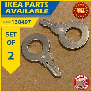 May include: Two silver IKEA furniture keys. The keys have a circular design with a key-shaped end. The image includes text that reads "IKEA PARTS AVAILABLE", "Part No: 130497", and "SET OF 2". A "BEST SELLER" and "FREE UK SHIPPING" badge are also visible.