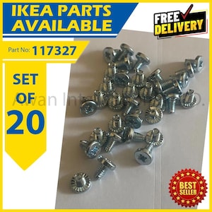 May include: A set of 20 silver-colored metal screws with a cross-head drive and a serrated underside on the head. The image includes the text IKEA PARTS AVAILABLE, Part No: 117327, SET OF 20, FREE DELIVERY, and BEST SELLER.