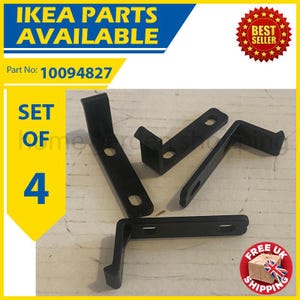 May include: Four black metal IKEA furniture brackets, L-shaped with screw holes. The image includes text: "IKEA PARTS AVAILABLE", "SET OF 4", and "Part No: 10094827". Also, a "FREE UK SHIPPING" badge is visible.
