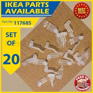 May include: A set of 20 clear plastic IKEA parts, possibly for furniture assembly, scattered on a brown surface. The image includes text that reads "IKEA PARTS AVAILABLE", "Part No: 117685", and "SET OF 20". A "BEST SELLER" sticker is also visible.