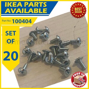 May include: A collection of 20 silver screws with a cross-shaped head. The image features text stating "IKEA PARTS AVAILABLE" and "Part No: 100404". A "BEST SELLER" sticker is also present.