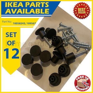 May include: A collection of black cabinet knobs and screws. The image displays the text "IKEA PARTS AVAILABLE", "SET OF 12", "BEST SELLER", and "FREE UK SHIPPING". The part numbers are 10058243 and 109567.