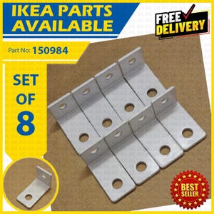 Puede incluir: Un conjunto de ocho soportes metálicos en forma de L de color plateado, cada uno con dos orificios circulares para montaje. El texto IKEA PARTS AVAILABLE, Part No: 150984, SET OF 8, FREE DELIVERY y BEST SELLER aparece en la imagen.