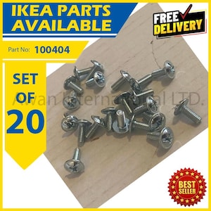 Könnte beinhalten: Ein Set aus 20 silberfarbenen Metallschrauben mit flachen, abgerundeten Köpfen und Gewindeschäften. Die Schrauben sind in einer Gruppe angeordnet. Der Text auf dem Bild umfasst IKEA PARTS AVAILABLE, Part No: 100404, SET OF 20, FREE DELIVERY und BEST SELLER.