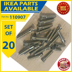 May include: A collection of 20 silver screws with hexagonal heads. The image displays the text "IKEA PARTS AVAILABLE", "Part No: 110907", and "SET OF 20". A "BEST SELLER" sticker and a "FREE UK SHIPPING" sticker are also present.