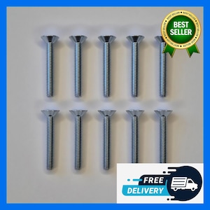 May include: Ten silver flat head screws arranged in two rows of five. The screws have a threaded shaft and a wide, flat head. The image includes a "Best Seller" badge and a "Free Delivery" graphic.
