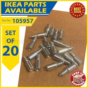 Könnte beinhalten: Eine Sammlung von 20 silberfarbenen IKEA-Möbelschrauben. Das Bild zeigt den Text "IKEA PARTS AVAILABLE" und "Part No: 105957". Ein "BEST SELLER"-Aufkleber ist ebenfalls zu sehen.