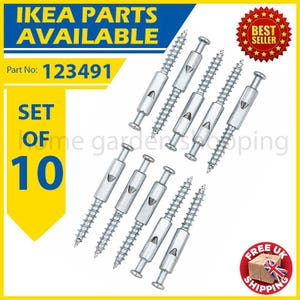 May include: A set of ten silver-colored IKEA furniture connector screws. The image includes text that reads "IKEA PARTS AVAILABLE", "Part No: 123491", and "SET OF 10". A "BEST SELLER" and "FREE UK SHIPPING" badge are also visible.