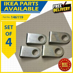Puede incluir: Un juego de cuatro soportes metálicos en forma de L de color plateado, cada uno con un orificio circular en el extremo plano. La imagen incluye el texto IKEA PARTS AVAILABLE, Part No: 146119, SET OF 4, FREE DELIVERY y BEST SELLER.