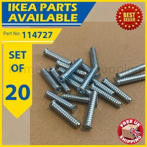 以下が含まれることがあります： 20本の銀色のネジのセット。画像には「IKEA PARTS AVAILABLE」と「Part No: 114727」の文字が含まれています。「Best Seller」ステッカーと「FREE UK SHIPPING」ステッカーも表示されています。