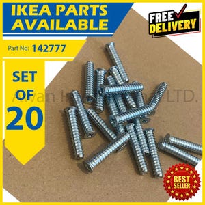May include: A set of 20 silver-colored metal screws with flat heads and threaded shanks. The text IKEA PARTS AVAILABLE, Part No: 142777, and SET OF 20 is visible on the graphic overlay surrounding the collection of hardware components.