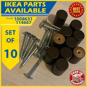 May include: A set of ten IKEA furniture parts, including silver screws and dark brown wooden dowels. The image includes text that reads "IKEA PARTS AVAILABLE" and "SET OF 10". A "BEST SELLER" and "FREE UK SHIPPING" badge are also visible.