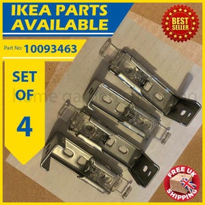May include: A set of four silver-colored IKEA cabinet hinges. The image includes text that reads "IKEA PARTS AVAILABLE", "Part No: 10093463", and "SET OF 4". A "BEST SELLER" sticker is also visible.