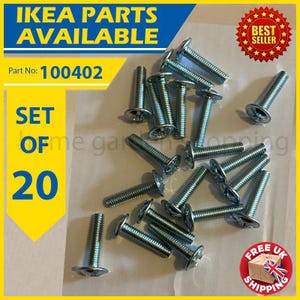 Puede incluir: Un conjunto de 20 tornillos plateados con cabezas planas. La imagen incluye el texto "IKEA PARTS AVAILABLE", "Part No: 100402" y "SET OF 20". También se ve una pegatina de "BEST SELLER".