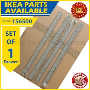 May include: Four silver drawer slides for IKEA furniture, part number 156500. The image includes text that says "IKEA PARTS AVAILABLE" and "SET OF 1 Drawer". A "BEST SELLER" sticker is in the top right corner. Free UK shipping is also advertised.