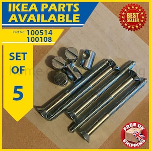 May include: A set of IKEA furniture hardware parts, including screws and fasteners. The image features the text "IKEA PARTS AVAILABLE" and "SET OF 5". The parts are silver-colored and arranged on a light brown surface. The image also includes a "BEST SELLER" badge.