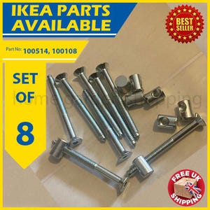 May include: A set of eight silver-colored IKEA furniture hardware pieces, including bolts and barrel nuts. The image includes text that reads "IKEA PARTS AVAILABLE" and "BEST SELLER". The part numbers are 100514 and 100108.