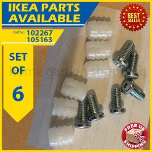 May include: A set of IKEA furniture parts, including white plastic dowels and silver screws. The image includes text that reads "IKEA PARTS AVAILABLE" and "SET OF 6". A "BEST SELLER" sticker is also visible.
