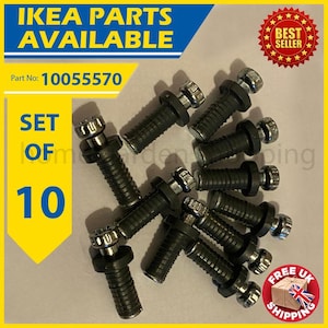 May include: A set of ten black furniture bolts with silver-colored heads. The image includes text that reads "IKEA PARTS AVAILABLE", "Part No: 10055570", and "SET OF 10". A "BEST SELLER" sticker and a "FREE UK SHIPPING" sticker are also visible.