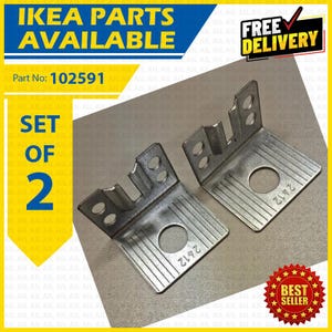 Puede incluir: Un juego de dos soportes metálicos en forma de L de color plateado con varios orificios circulares y el número 2412 estampado. El texto IKEA PARTS AVAILABLE, Part No: 102591, SET OF 2 y BEST SELLER es visible en la superposición gráfica.