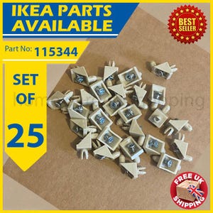 May include: A set of 25 beige IKEA furniture shelf supports with silver screws. The image includes text that reads "IKEA PARTS AVAILABLE" and "Part No: 115344". A "Best Seller" sticker and a "FREE UK SHIPPING" sticker are also visible.