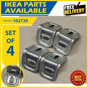 May include: A set of four silver-coloured metal L-shaped corner brackets, each featuring two elongated slots for mounting. The image includes text stating IKEA PARTS AVAILABLE, Part No: 102720, SET OF 4, FREE DELIVERY, and BEST SELLER.