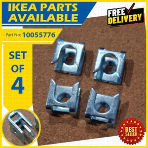 May include: A set of four silver-colored metal U-shaped clips, identified as IKEA part number 10055776. These hardware components feature a central circular hole and a distinct bracket design, presented as a collection of four individual pieces.